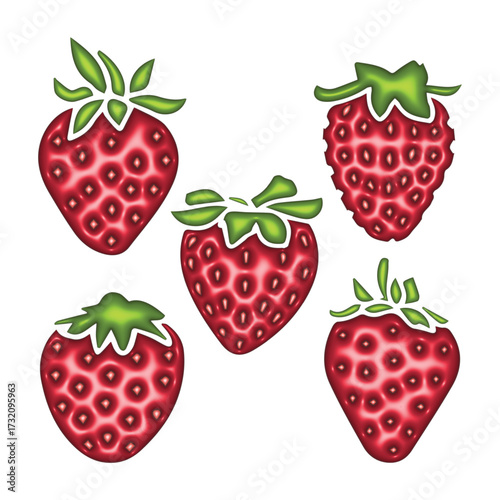 Vibrant collection of five stylized red strawberry illustrations with green leaves