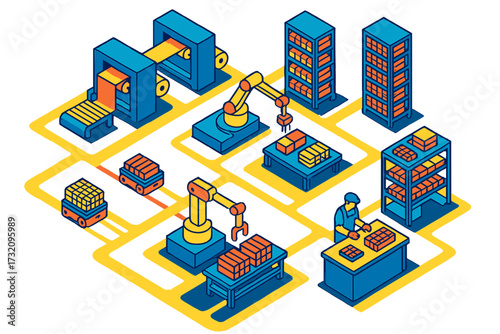 Automated smart factory production line with robotic arms, conveyor belts, and human worker overseeing manufacturing process in a modern industrial setting