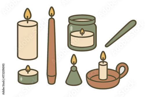 Assortment of burning candles including pillar, taper, tea light, jar, and snuffer for cozy ambiance and home decor