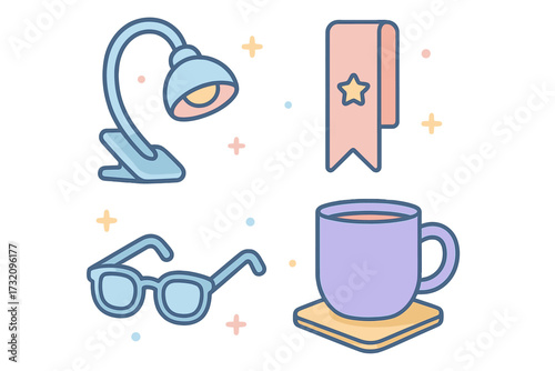 Arrangement of cozy reading essentials including a desk lamp, a bookmark, eyeglasses, and a warm beverage mug, perfect for study and relaxation
