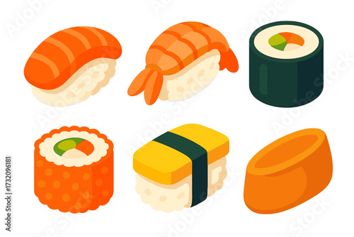 Colorful collection of popular Japanese sushi nigiri, maki, and uramaki pieces showcasing traditional Asian food
