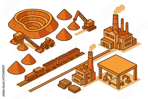 Isometric industrial mining and production process with factory buildings, train transportation, heavy machinery, and robotic arms