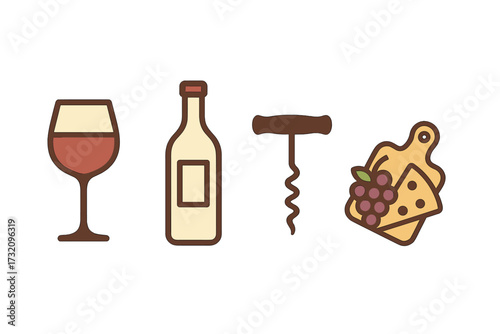 Assortment of wine and cheese essentials including glass bottle corkscrew grapes and cheese on a wooden board