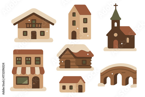Charming winter village buildings, including houses, a shop, a church, and a snow-covered bridge, creating a cozy scene