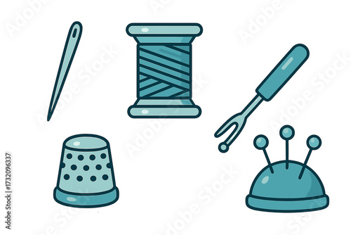 Assortment of essential sewing tools and haberdashery items including needle, thread, thimble, and pincushion for tailoring and craft projects