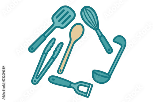 Variety of essential kitchen implements for food preparation and serving, including a spatula, whisk, spoon, tongs, ladle, and peeler