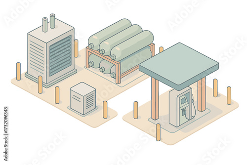 Isometric view of a hydrogen energy production and refueling station with storage tanks and dispenser