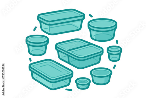Arrangement of transparent reusable food storage containers in various shapes and sizes for kitchen organization and efficient meal preparation
