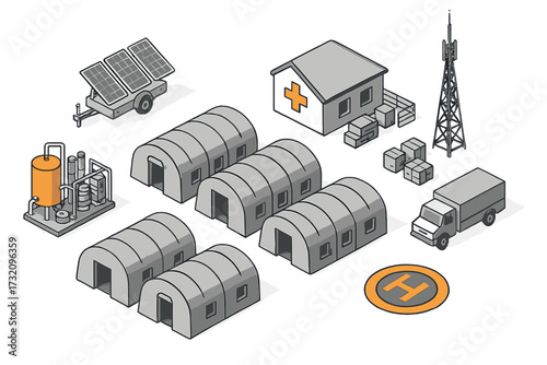 Emergency relief camp with temporary shelters, medical facility, solar power, communication tower, and logistics