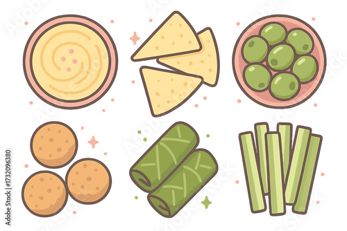 Healthy Mediterranean appetizers and party snacks with hummus, olives, chips, and fresh vegetables