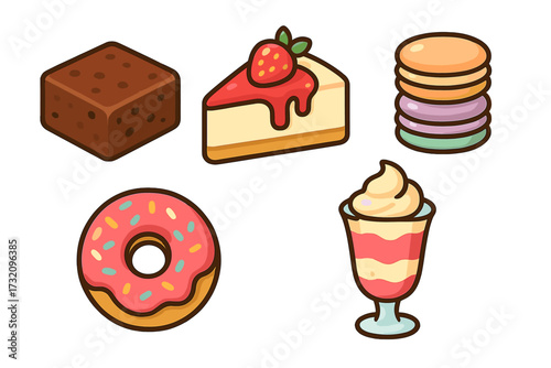 Assortment of delicious desserts and sweet treats including cheesecake, donut, brownie, macarons, and parfait
