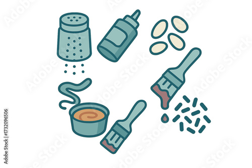 Collection of culinary elements for cooking and baking, featuring spices, sauces, beans, and various kitchen brushes