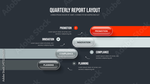 Advertising Visualization 4 Step Diagram Presentation Layout. Project Report Slideshow Template Vector Illustration. Modern Launch Four Element Infographic Frame Design.