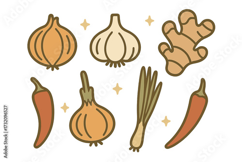 Colorful assortment of fresh cooking ingredients including onions, garlic, ginger, chili peppers, and aromatic herbs for culinary use