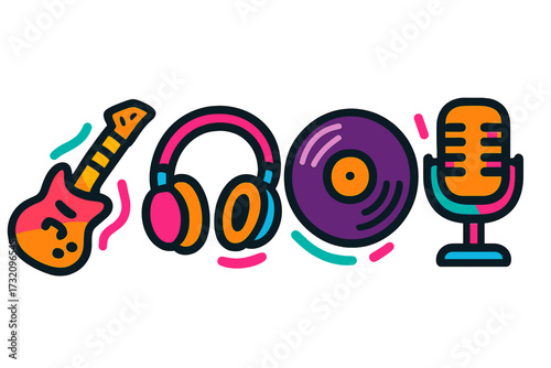 Collection of vibrant music and audio equipment featuring guitar, headphones, vinyl record, and microphone