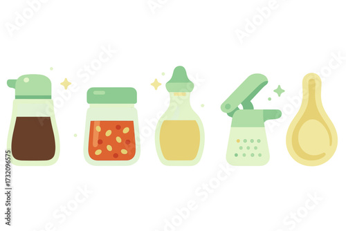 Collection of various kitchen condiments and cooking utensils including soy sauce, chili oil, olive oil, pepper shaker, and ladle