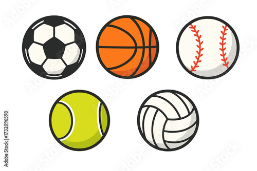 Collection of classic sports balls for various games and athletic activities, including soccer, basketball, baseball, tennis, and volleyball