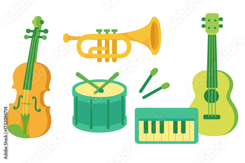 Brightly colored set of musical instruments including violin, trumpet, drum, keyboard, and guitar on white background