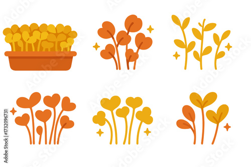 Assortment of stylized plant sprouts and microgreens in various shapes and warm colors with decorative star elements