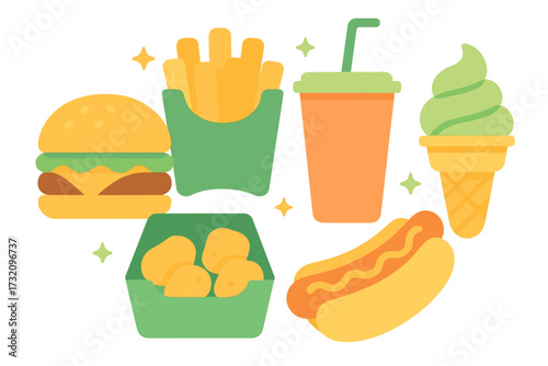 Assortment of popular fast food items including burger, fries, hot dog, nuggets, drink, and ice cream