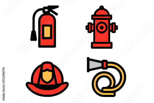 Essential fire safety equipment set featuring extinguisher, hydrant, helmet, and hose for emergency response