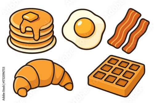 Delicious breakfast food items set including pancakes, fried egg, crispy bacon, croissant, and waffle
