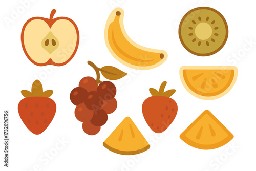 Vibrant collection of fresh healthy fruits including apple banana kiwi strawberry grapes pineapple and orange slices