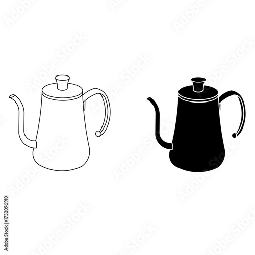 Coffee kettle icon in outline and solid style, isolated on white background. Perfect for barista tools, cafe design, food and drinks illustration, or modern graphic resources.
