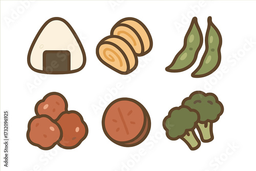 Assortment of Japanese bento box food items including onigiri, tamagoyaki, edamame, meatballs, and broccoli