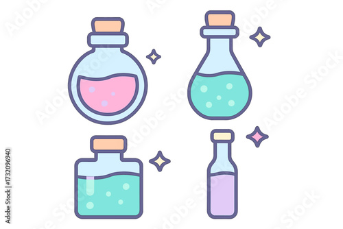 Assortment of magic potion bottles filled with colorful liquids and sparkling effects for fantasy themes and mystical projects