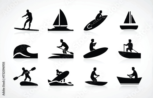 Collection of water sport icons in black silhouette featuring surfing sailing paddle boarding and rowing for recreation