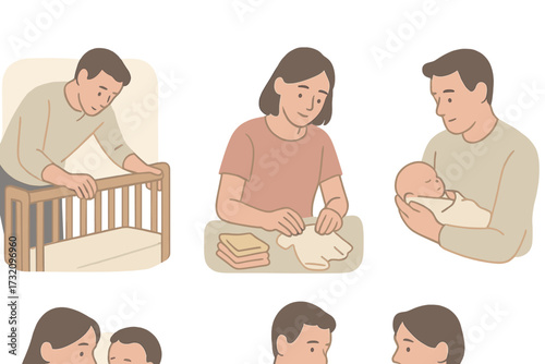 New parents engaged in daily baby care activities, including preparing the crib, folding clothes, and holding their infant