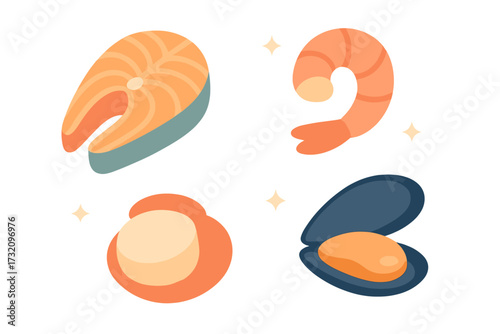 Assortment of fresh seafood items including salmon steak, cooked shrimp, raw scallop, and open mussel