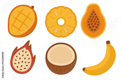 Assortment of fresh tropical fruits including mango, pineapple, papaya, dragon fruit, coconut, and banana on a white background