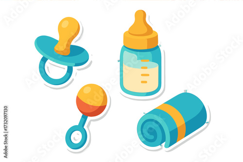 Collection of essential baby care items including pacifier, feeding bottle, rattle, and soft rolled blanket for newborns