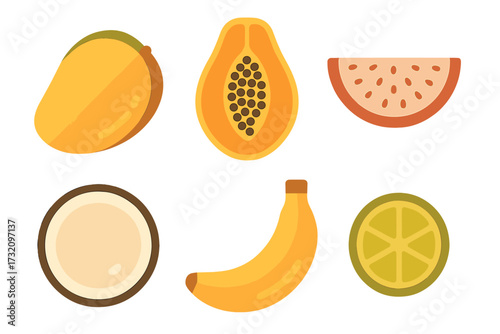 Vibrant collection of tropical and exotic fruits including whole mango, sliced papaya, banana, half coconut, watermelon slice, and lime
