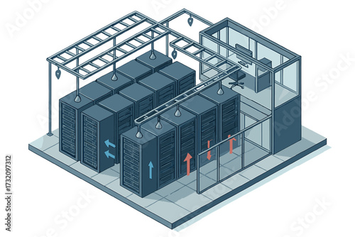 Modern data center server room with network infrastructure, cooling system, and adjacent control office for IT management