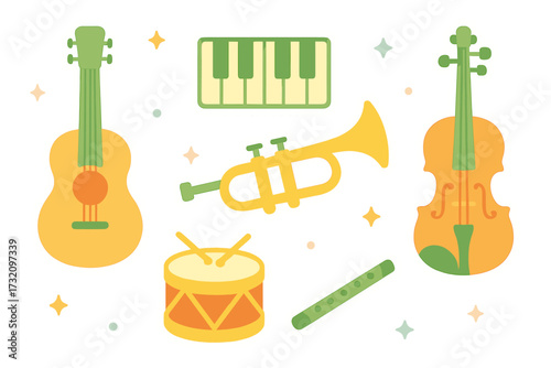 Vibrant collection of brightly colored musical instruments including guitar, piano, trumpet, violin, drum, and flute for music education