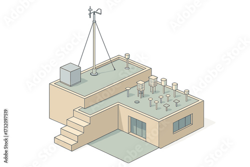 Detailed isometric view of a building rooftop with a complete weather station setup and various meteorological instruments
