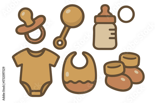 Collection of essential baby items including pacifier, rattle, bottle, onesie, bib, and booties for newborn care