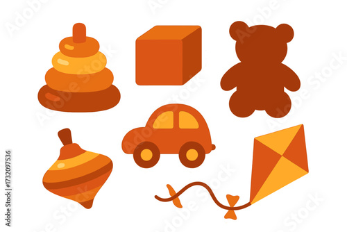 Classic children's toys collection with teddy bear, car, stacking rings, block, spinning top, and kite