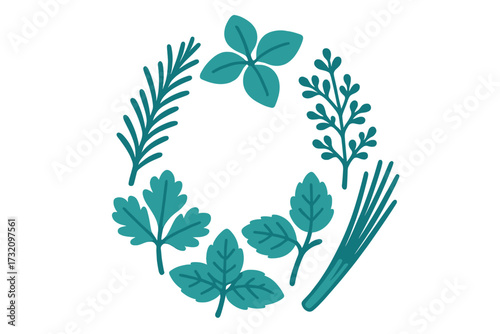 Assortment of fresh culinary herbs and aromatic spices arranged in a decorative circular wreath pattern for cooking and seasoning