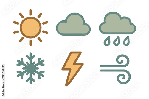 Simple graphic representations of various weather conditions such as sun, cloud, rain, snow, lightning, and wind