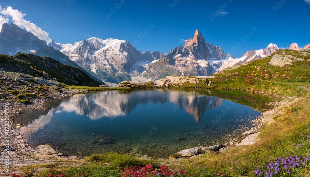 Fototapeta premium Colorful Summer Panorama Of The Lac Blanc Lake With Mont Blanc Monte Bianco On Background