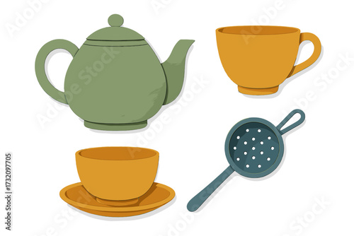 Modern minimalist teapot teacups tea strainer kitchenware set soft shadows layered paper cut style white background
