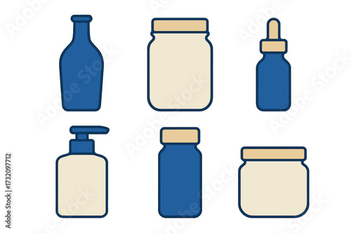 Collection of various empty bottles and jars for cosmetic, food, and pharmaceutical products packaging