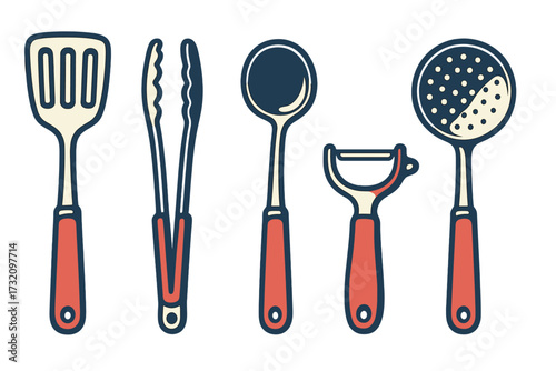 Collection of essential kitchen utensils including spatula, tongs, ladle, peeler, and skimmer for cooking