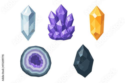 Colorful set of various natural mineral crystals, precious stones, and a geode cross-section with different shapes and colors