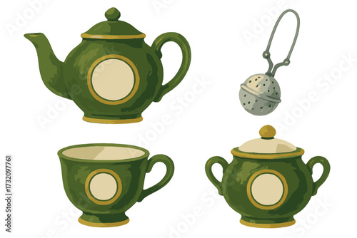 Elegant green tea set with golden accents including a teapot, teacup, sugar bowl, and a metal infuser