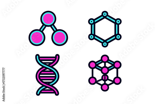 Set of scientific molecular structures and DNA double helix symbols representing chemistry, biology, and network concepts